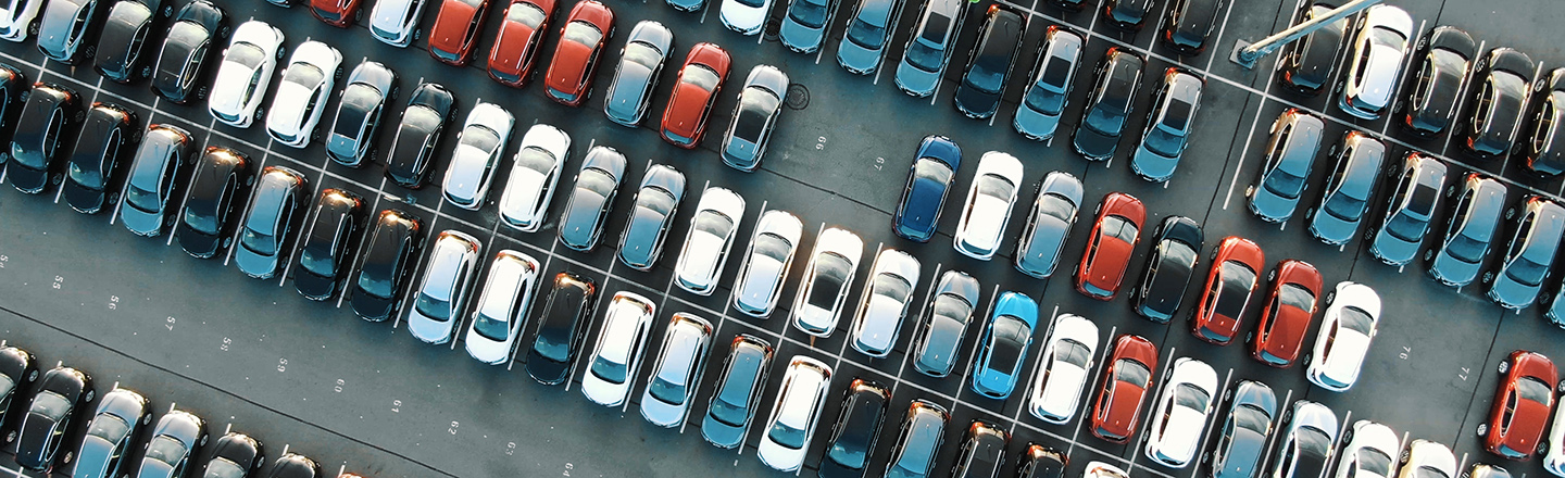 A top down view of a dealership parking lot